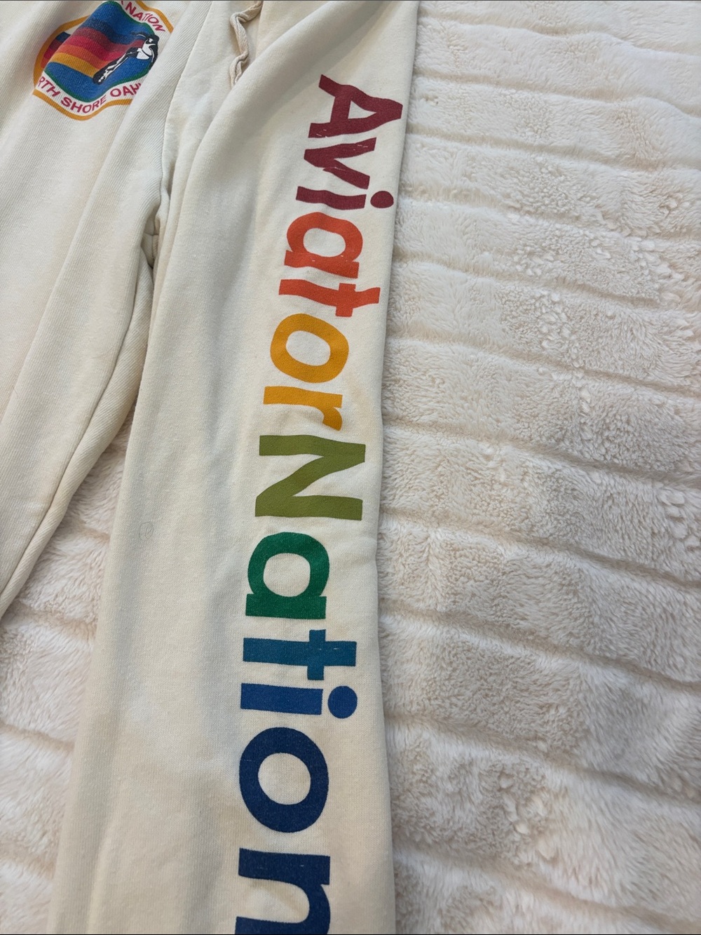 Aviator Nation Cream Sweatpants with Rainbow Logo and Side Lettering - Picture 2 of 4